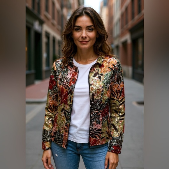 Joni B Multicolor Floral Button-Front Jacket | Cotton/Spandex | Size M - Picture 2 of 7